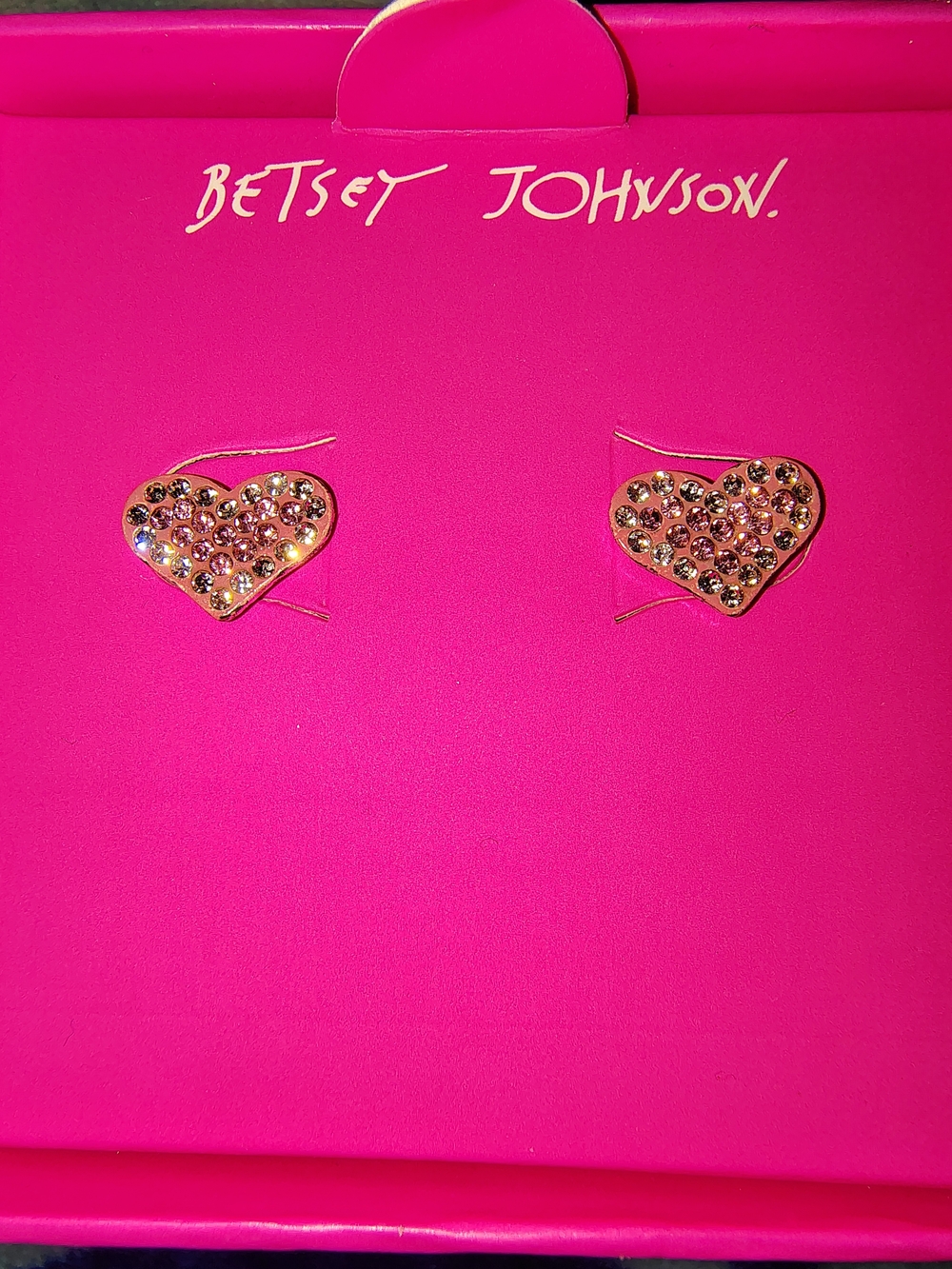 Betsey Johnson Gold Heart Stud Earrings with Pink Crystals